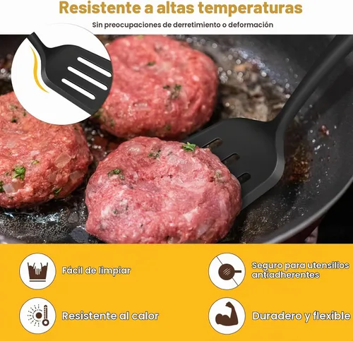 Vista 5 de Juego de 2 espátulas de silicona con elegante mango de madera, resistente al calor, sólido y ranurado para sartenes antiadherentes, grandes Negro