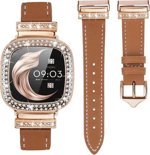 Vista 8 de Correa de cuero compatible con Fitbit Sense 2/Versa 4 para mujeres, elegante correa de cuero con hebilla metálica en forma de D con strass con funda