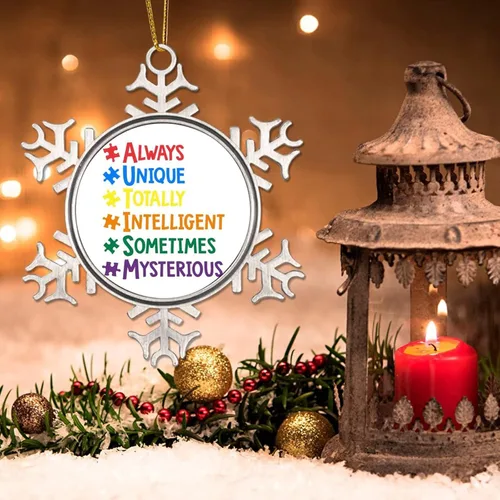 Vista 3 de Adornos únicos a veces para árbol de Navidad, apoyo para autismo, decoración de Navidad, conciencia de autismo, adorno de copo de nieve de metal
