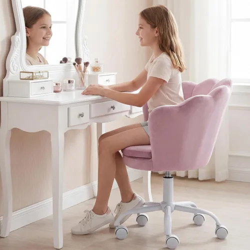 Vista 14 de Silla de escritorio de terciopelo para niños, bonita silla de computadora moderna tapizada, con brazo giratorio, silla de tocador ajustable
