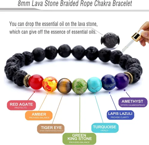 Vista 2 de Men Women 8mm Lava Rock 7 Chakra Beads Chakra Bracelet Chakra A-Lava