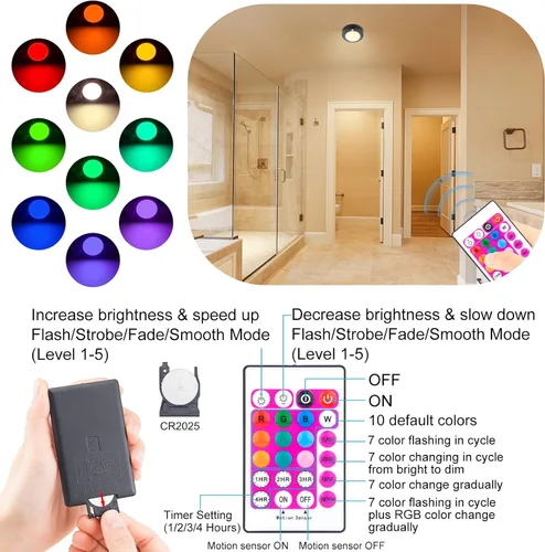 Vista 3 de Lámpara de techo a pilas, luz LED con sensor de movimiento con control remoto, luz de ducha inalámbrica, 10 luces de pasillo que cambian