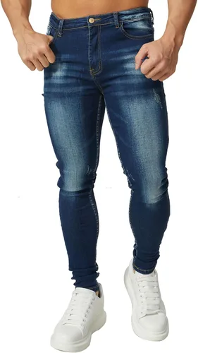 Vista 4 de HUNGSON Men's Blue Slim Fit Jeans Stretch Destroyed Ripped Skinny Jeans Side Striped Denim Pants