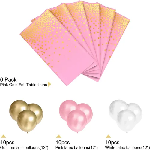 Vista 6 de HOMIX Manteles de plástico rosa y dorado para mesas rectangulares, paquete de 6 manteles desechables de fiesta, fundas de mesa de confeti de punto