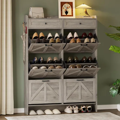 Vista 21 de BORNOON Gabinete de Almacenamiento de Zapatos para Entrada, Gabinete Estrecho de Zapatos Estilo Granja con 2 Cajones Abatibles y Cajones Superiores