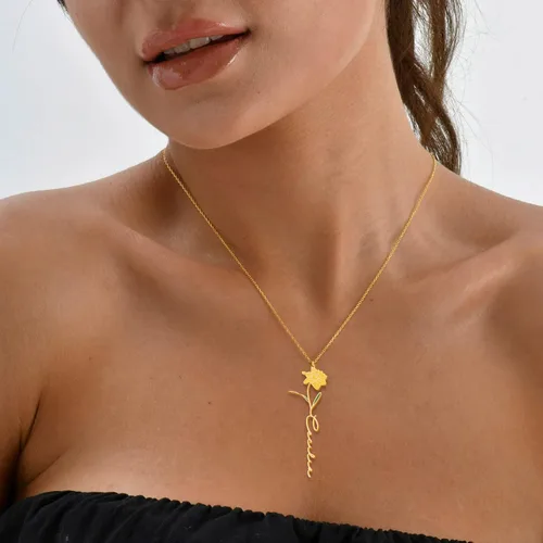 Vista 3 de Birth Flower Name Necklace Personalized 18K Gold Plated Birth Month Flower Necklace Dainty Flower Necklace Custom Jewelry Mothers Birthday Christmas