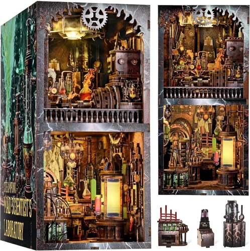 Vista 17 de fifijoy Kit de rincón de libros, casa de muñecas en miniatura para adultos y adolescentes, rompecabezas de madera 3D con luz LED, decoración retro