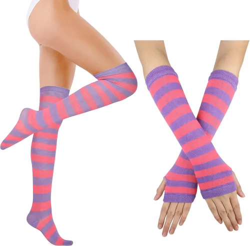Vista 22 de Benefeet Sox Conjunto de calcetines altos hasta el muslo a rayas arcoíris para mujer, calentadores de brazos, guantes sin dedos, disfraz