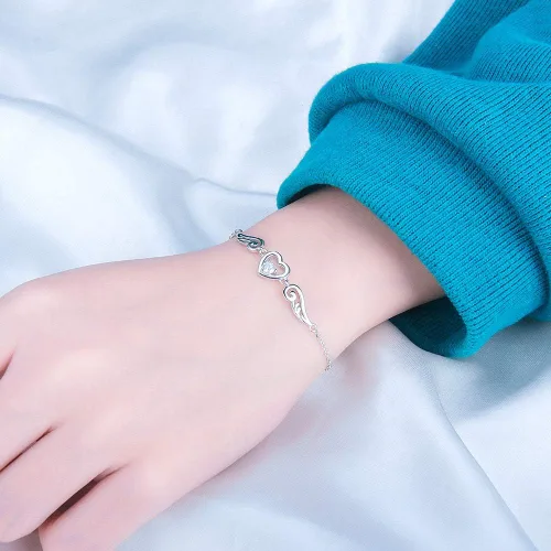 Vista 6 de Pulseras de plata de ley 925 con alas de ángel guardián para mujer, diseño de corazón de circonita ajustable, pulseras de cadena para joyería