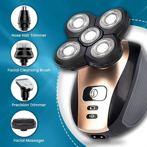 Vista 2 de Afeitadora eléctrica rotativa 5 en 1 para cabeza calva Recortadora de barba recargable 4D e inalámbrica Incluye afeitadora de calavera