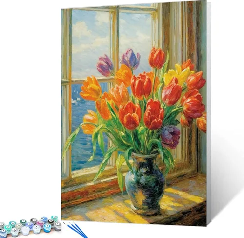 Vista 19 de Tucocoo Pintura de girasoles para ventana por números para adultos, kits de pintura al óleo digital sobre lienzo con pinceles y pigmento acrílico