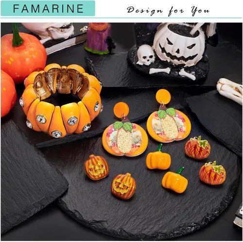 Vista 4 de FAMARINE Aretes de calabaza de Halloween para mujer, aretes divertidos de calabaza, regalo de vacaciones, Latón, No es una piedra preciosa