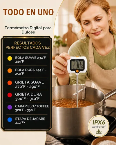 Vista 2 de Termómetro digital de caramelo con pantalla LED giratoria de 180°, sonda de acero inoxidable 304, escudo térmico, 2 clips de olla, termómetro