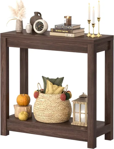 Vista 12 de Besiost Mesa auxiliar de granja, mesa auxiliar estrecha, mesa auxiliar delgada con estante de almacenamiento, mesa consola pequeña para espacios