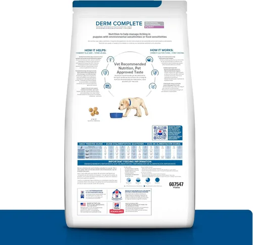 Vista 2 de Hill's Prescription Diet Derm Complete Puppy - Alimento seco para perros con sensibilidad ambiental/alimentaria, arroz y huevo, bolsa de 14.3 libras