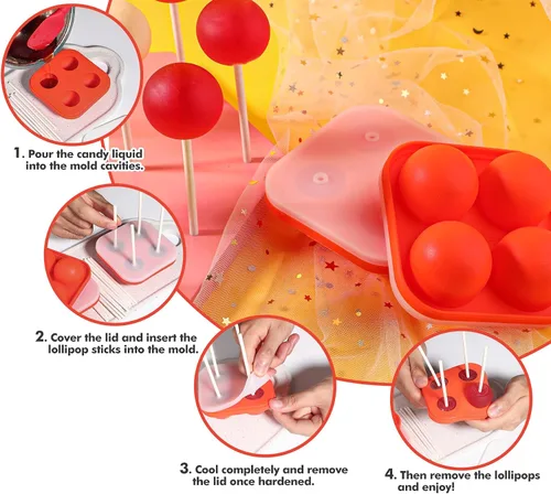 Vista 5 de Webake Juego de 3 moldes para piruletas, moldes de silicona para caramelos duros con 100 palitos de papel, moldes redondos 3D de caramelo con tapas