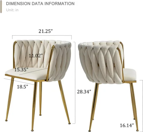 Vista 3 de Juego de 2 sillas de comedor de terciopelo, modernas sillas de comedor tapizadas con patas de metal dorado y respaldo tejido para comedor, cocina