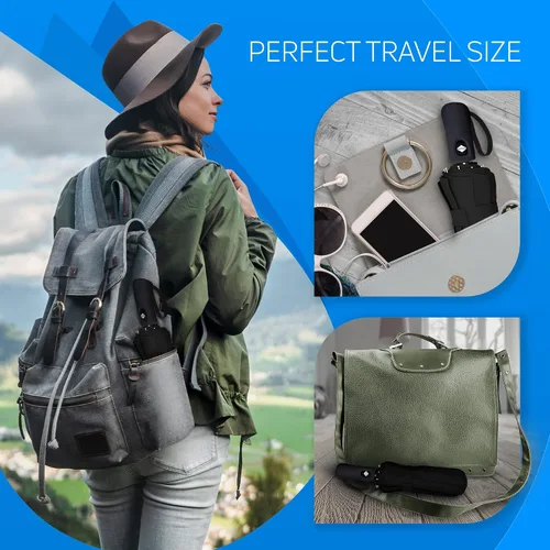 Vista 3 de Paraguas de viaje compacto Rain-Mate - Miniparaguas plegable de bolsillo a prueba de viento - Botón de apertura y cierre automático y dosel