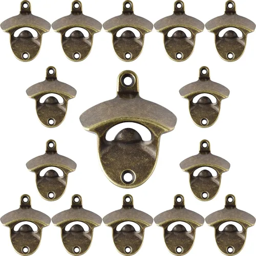 Vista 18 de Abrebotellas de cerveza de acero inoxidable rústico montado en la pared con tornillos Bronce antiguo, a prueba de óxido, en blanco, montable
