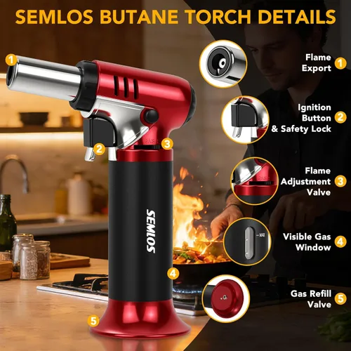Vista 2 de Semlos Antorcha de butano con indicador de combustible, encendedor de cocina recargable con bloqueo de seguridad y llama ajustable para bricolaje