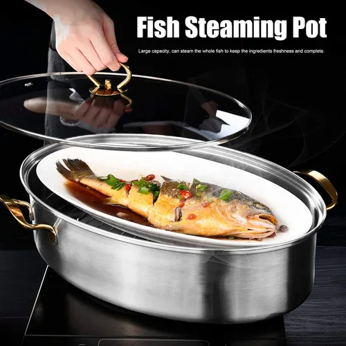 Vista 3 de Juego de ollas de vapor ovaladas de acero inoxidable 304, gran capacidad, olla de cocina casera con plato