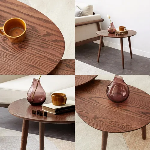 Vista 7 de Mesa de centro ovalada 100% madera de roble macizo, pequeña mesa de centro moderna de mediados de siglo y mesa auxiliar lateral redonda, fácil