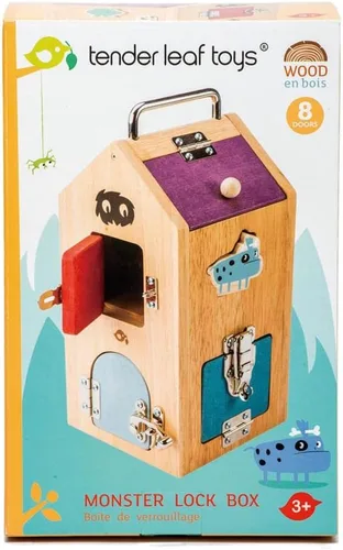Vista 2 de Tender Leaf Toys Caja de bloqueo de madera Monster - 8 puertas diferentes con varios mecanismos de bloqueo ayuda a desarrollar habilidades