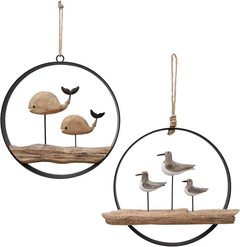 Vista 8 de Decoración de pared de madera náutica, círculo colgante de madera rústica Velero