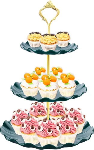 Vista 11 de BACUTHY Soporte para magdalenas de 3 niveles, toalla de soporte para pastel de plástico con bandeja de servicio escalonada para magdalenas, donuts