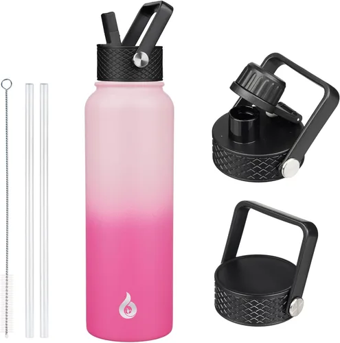 Vista 7 de BJPKPK Botellas de Agua Aisladas con Tapa de Pajita, Botella de Agua de Acero Inoxidable de 18oz, Termo Frío Caliente con 3 Tapas, Vaso de Viaje a