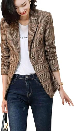 Vista 3 de ebossy Chaqueta de gallo con solapa y 2 botones para mujer, chaqueta a cuadros de pata de gallo
