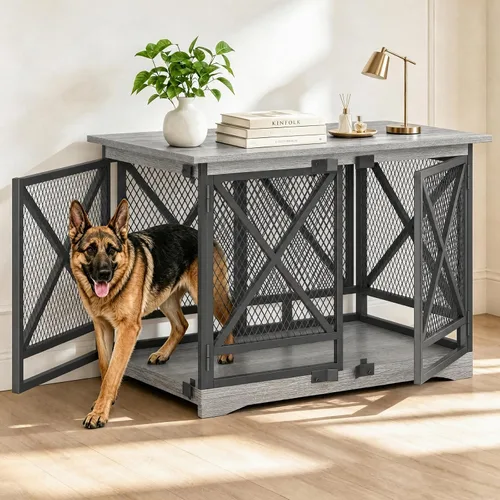 Vista 11 de COZPAW Jaula para perros de 48 pulgadas con ruedas, marrón Perrera extra grande para perros XL, mesa auxiliar de madera con barandilla, marco
