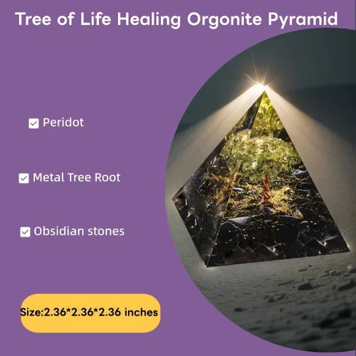Vista 2 de Pirámide de orgón del árbol de la vida para energía positiva, peridoto de orgonita y cristal curativo de obsidiana para reducir el estrés