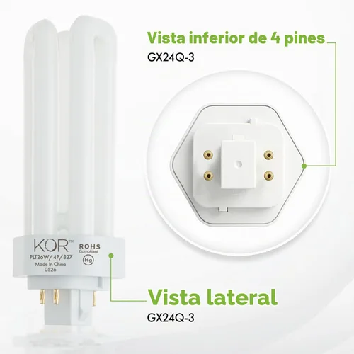 Vista 7 de (unidades 4) tubo triple de 26 Watts - GX24q-3 (4 pines), 26.0watts GX24Q-3 4-pin Plug-in Base, 1800 Lumens, Electronic Ballasts, Replaces