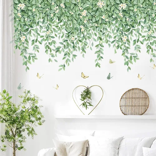 Vista 2 de Calcomanías de pared de hojas verdes, calcomanías de pared de vid colgantes, calcomanías de pared de flores de plantas, mariposas, calcomanías