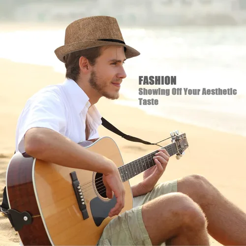 Vista 5 de Paquete de 8 sombreros de paja Panama Trilby Fedora con cinturón de cuero, sombreros de paja de ala corta, sombrero de playa de verano para hombres