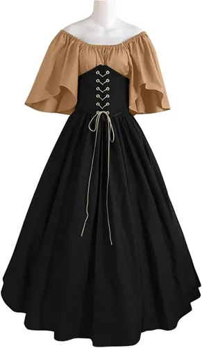 Vista 4 de SHOPESSA Vestido renacentista disfraz victoriano para mujer vestido de baile de retazos vestido medieval de manga acampanada con corsé