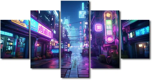 Vista 68 de Póster de 5 paneles en lienzo para decoración de pared, diseño de centro urbano Cyberpunk, impresión moderna, decoración de pared para el hogar