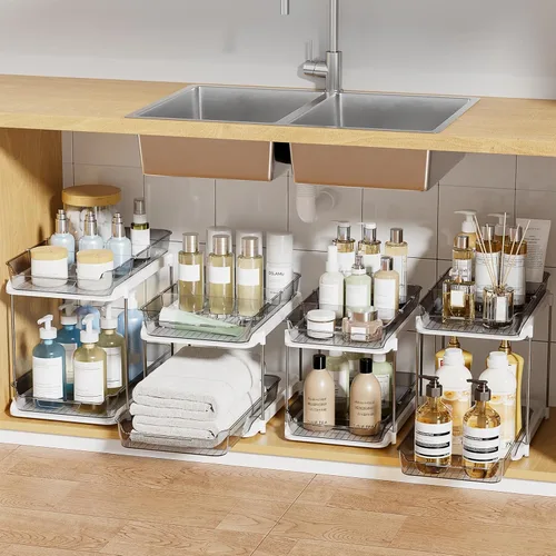 Vista 19 de Delamu Organizadores y Almacenamiento Multiusos de 2 Niveles para Debajo del Fregadero del Baño, Organización Apilable de Despensa de Cocina