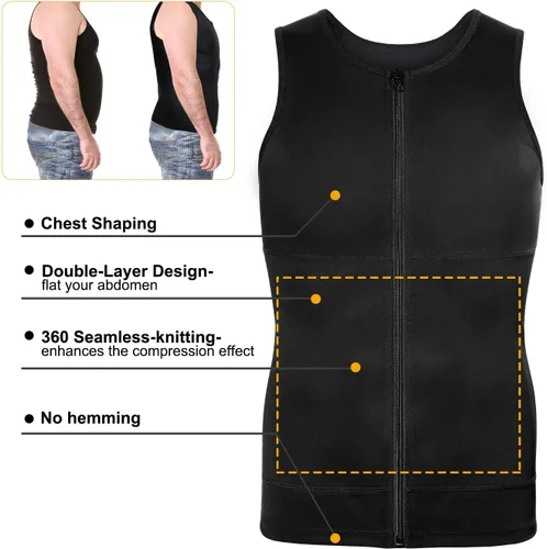 Vista 2 de Camiseta de compresión para hombre, chaleco moldeador de cuerpo, sin mangas, con cremallera, camiseta sin mangas, faja moldeadora para el estómago