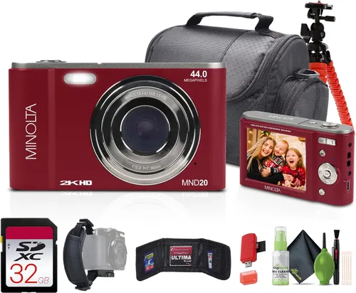 Vista 8 de Minolta MND20 Cámara digital Quad HD de 44 MP / 2.7K (negro) + tarjeta de memoria de 32 GB + trípode flexible de 12 pulgadas + cartera de tarjetas