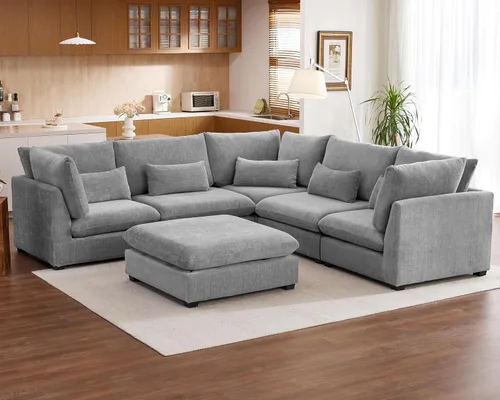 Vista 67 de Sofá Modular de Tamaño Grande, Sofá Seccional de Chenilla Cloud Extra Profundo con Chaise Otomana, Sofá Cama de Chenilla Esponjosa de 5 Asientos