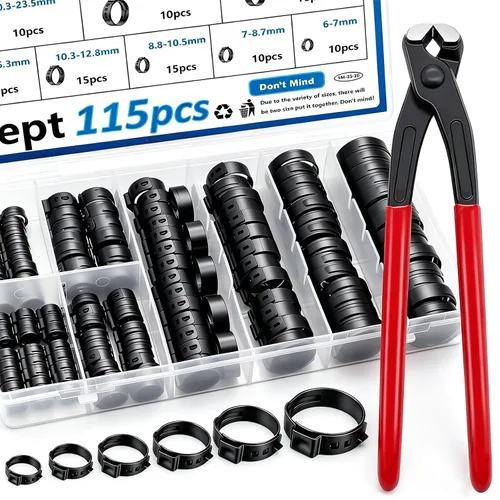 Vista 14 de Kit surtido de 170 piezas de abrazaderas de manguera de una oreja de acero inoxidable 304 de 13 tamaños, abrazaderas de manguera de crimpar de 5.3