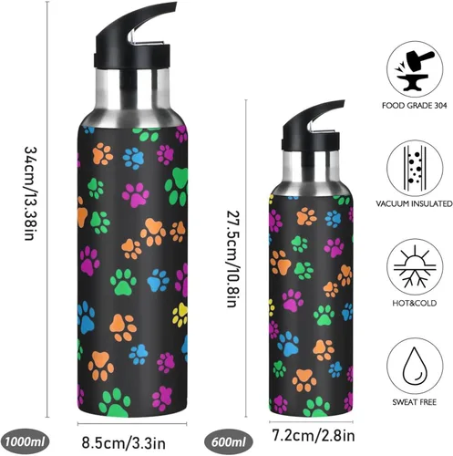 Vista 2 de Colorful Dog Paw Prints Stainless Steel Water Bottle 32 Oz, BPA-Free Sports Water Bottle with Straw Leakproof Water Bottles