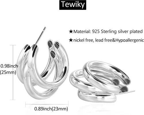 Vista 25 de Aretes de aro gruesos de oro para mujer, chapados en oro de 14 quilates, aretes de aro triple, hipoalergénicos, a la moda, aretes de aro gruesos