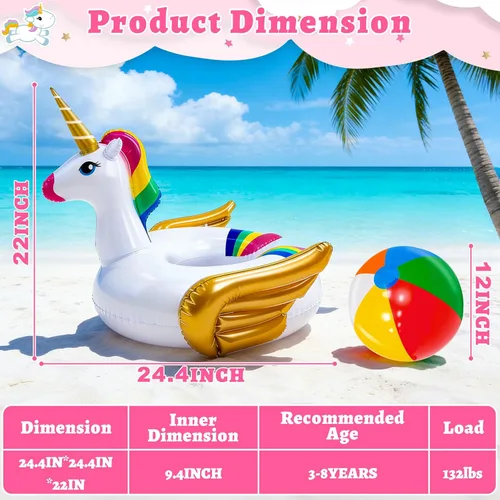 Vista 3 de Flotador de alberca iGeeKid, unicornio inflable, para natación, anillo de paseo, para fiestas, juguetes de verano, para playa, para niño de 3 a 12