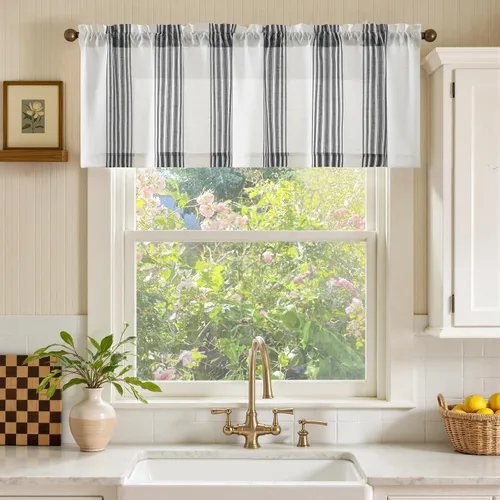 Vista 2 de jinchan - Cenefa de lino a rayas, cenefa de cortina de 16 pulgadas con rayas verticales para cocina, baño, tratamiento de ventana con filtro de luz