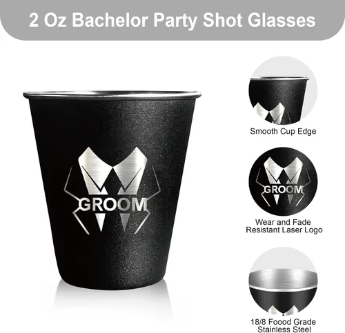 Vista 4 de PartyGifts&beyond 7 vasos de chupito para padrinos de boda para despedida de soltero y día de boda, vasos de chupito de acero inoxidable de 2 onzas
