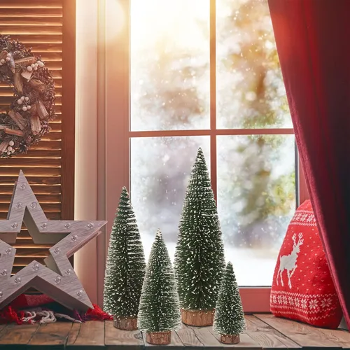Vista 7 de Árbol de Navidad pequeño, mini árbol de Navidad, mini árbol de pino, árboles falsos con base de madera para decoración de mesa (verde planta)