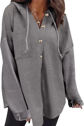 Vista 26 de SHEWIN - Sudadera de gran tamaño para mujer, de ajuste holgado, casual, manga larga, con botones, con capucha y bolsillos a gris